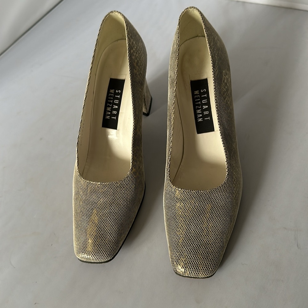 STUART WEITZMAN: Vintage 90s Champagne Faux Snakeskin Chunky Heels Size 9 (EEEE) - Picture 3 of 9
